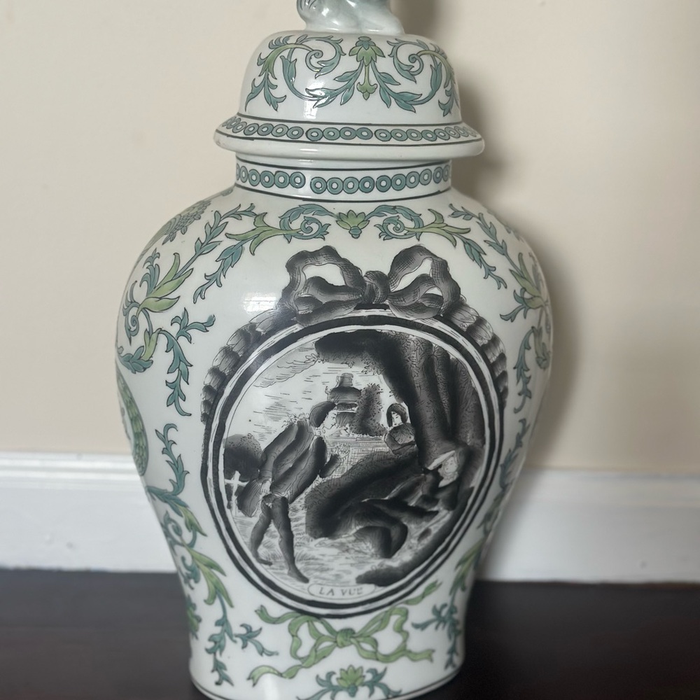 VTG Ginger Jar green & teal w/ Victorian Scene & Foo Dog On Top - Large